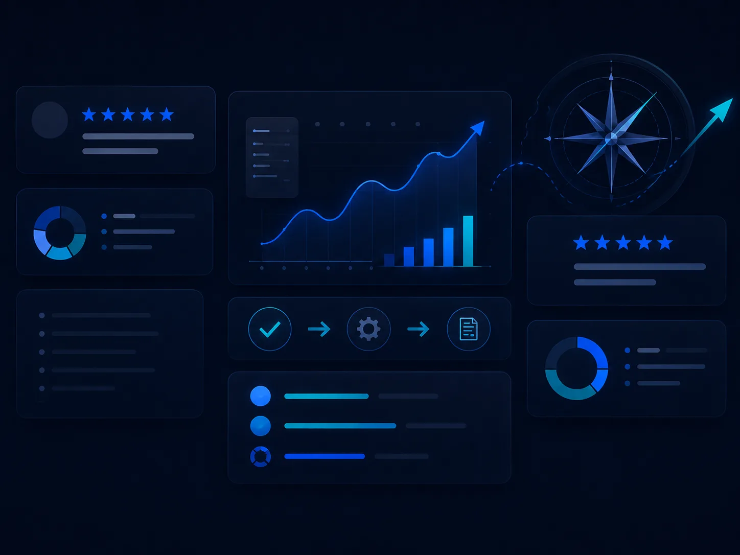 ReviewCompass report visuals: rising score trend, sentiment charts, review summaries, and the compass mark