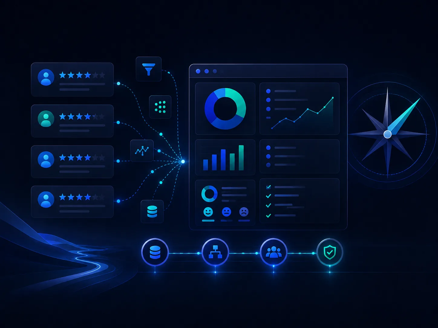 Scattered star reviews flowing through analysis into one ReviewCompass dashboard, with a compass rose alongside